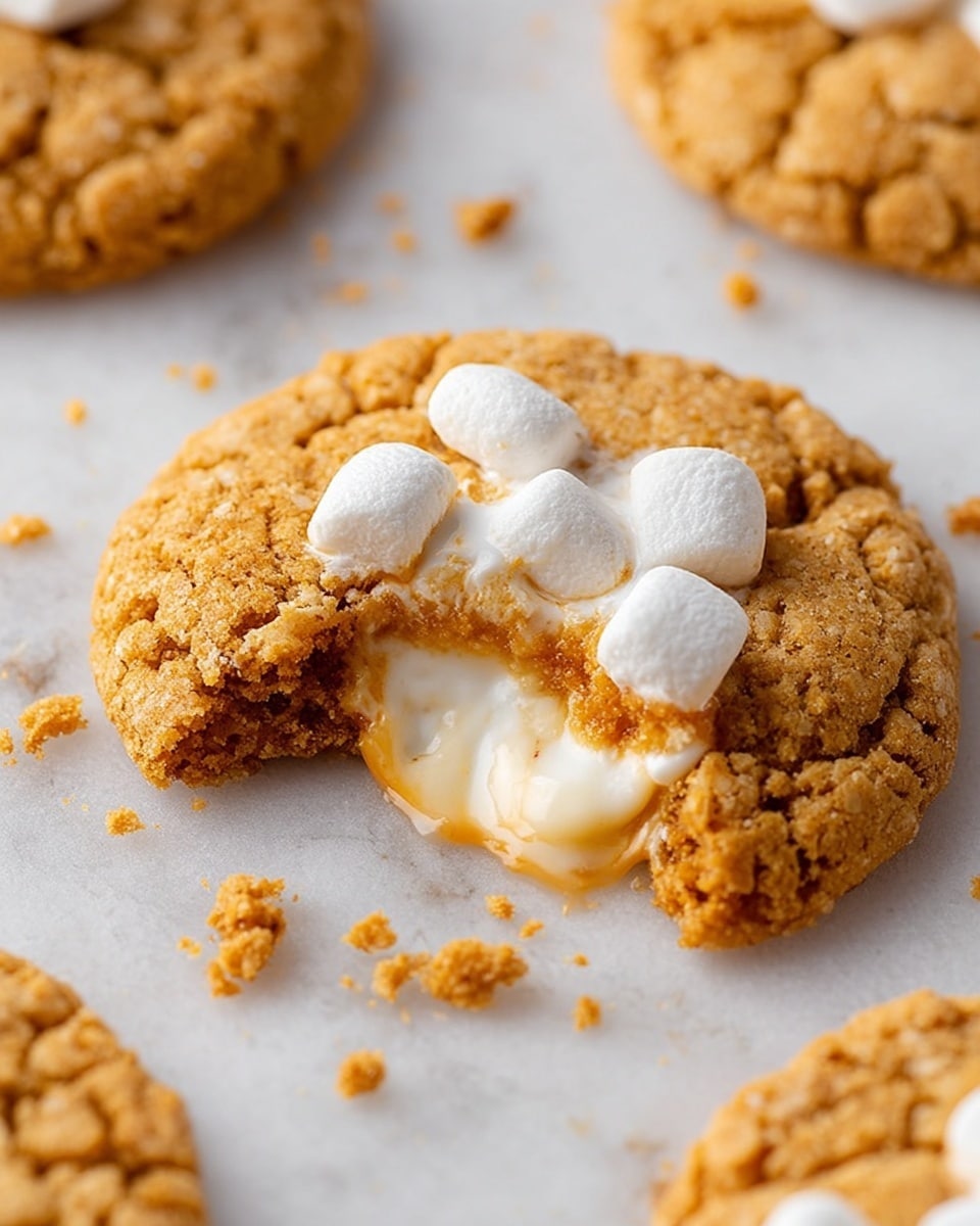 A close-up view of a round cookie with a golden-brown, crumbly texture and a slightly rough surface. The cookie is broken, revealing a soft, creamy white filling inside that is melting and oozing out, topped with small, puffy white marshmallows slightly browned from baking. The cookie sits on a white marbled surface, with small crumbs scattered around it. Other cookies blurred in the background. photo taken with an iphone --ar 4:5 --v 7