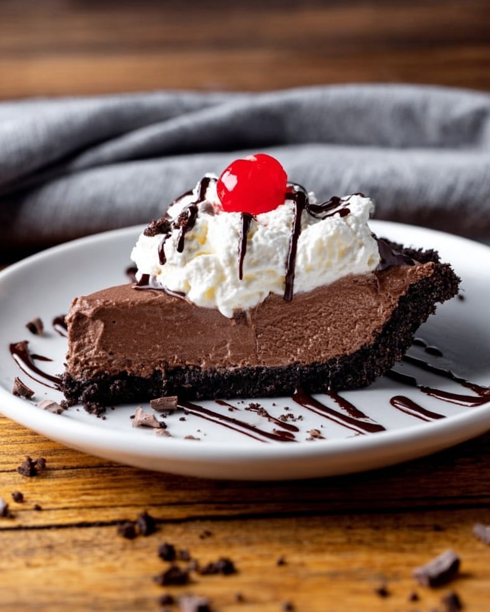 A slice of chocolate pie sits on a white plate, showing three clear layers: a dark, crumbly cookie crust at the bottom, a thick, smooth chocolate filling in the middle, and a dollop of white whipped cream on top. The whipped cream is decorated with thin lines of dark chocolate sauce and crowned with a bright red cherry. The plate is set on a wooden table with crumbs scattered around it, and a soft, folded gray cloth is placed behind the plate. photo taken with an iphone --ar 4:5 --v 7