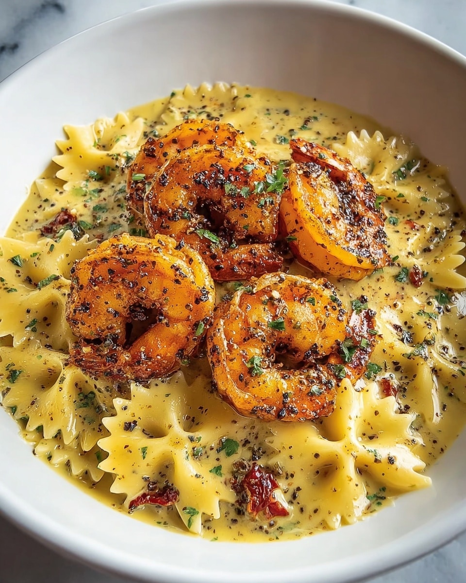 A white bowl holds a creamy layer of light yellow sauce mixed with small green and black herb bits and pieces of sun-dried tomatoes. On top, there is a layer of bow-tie pasta coated with the sauce, showing its ruffled edges and smooth texture. The topmost layer has four large cooked shrimp, orange and slightly charred with specks of black pepper and green chopped herbs. The shrimp curls around naturally and rest on the pasta, creating a rich, colorful contrast. The bowl is placed on a surface with a white marbled texture. photo taken with an iphone --ar 4:5 --v 7