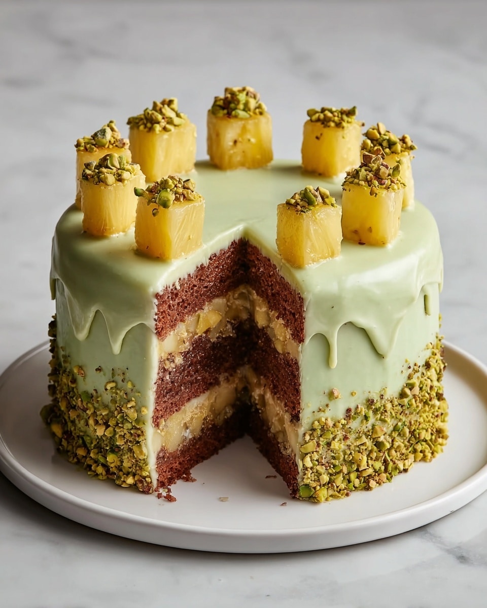 A two-layer chocolate cake with visible chunks of pineapple inside both layers, topped with a smooth pale green icing that drips slightly over the edges. Small cubes of pineapple, each topped with chopped pistachios, are evenly placed around the top edge of the cake. The sides of the cake are coated with crushed pistachios, adding texture and color contrast. The cake sits on a white round plate against a white marbled surface. Photo taken with an iphone --ar 4:5 --v 7
