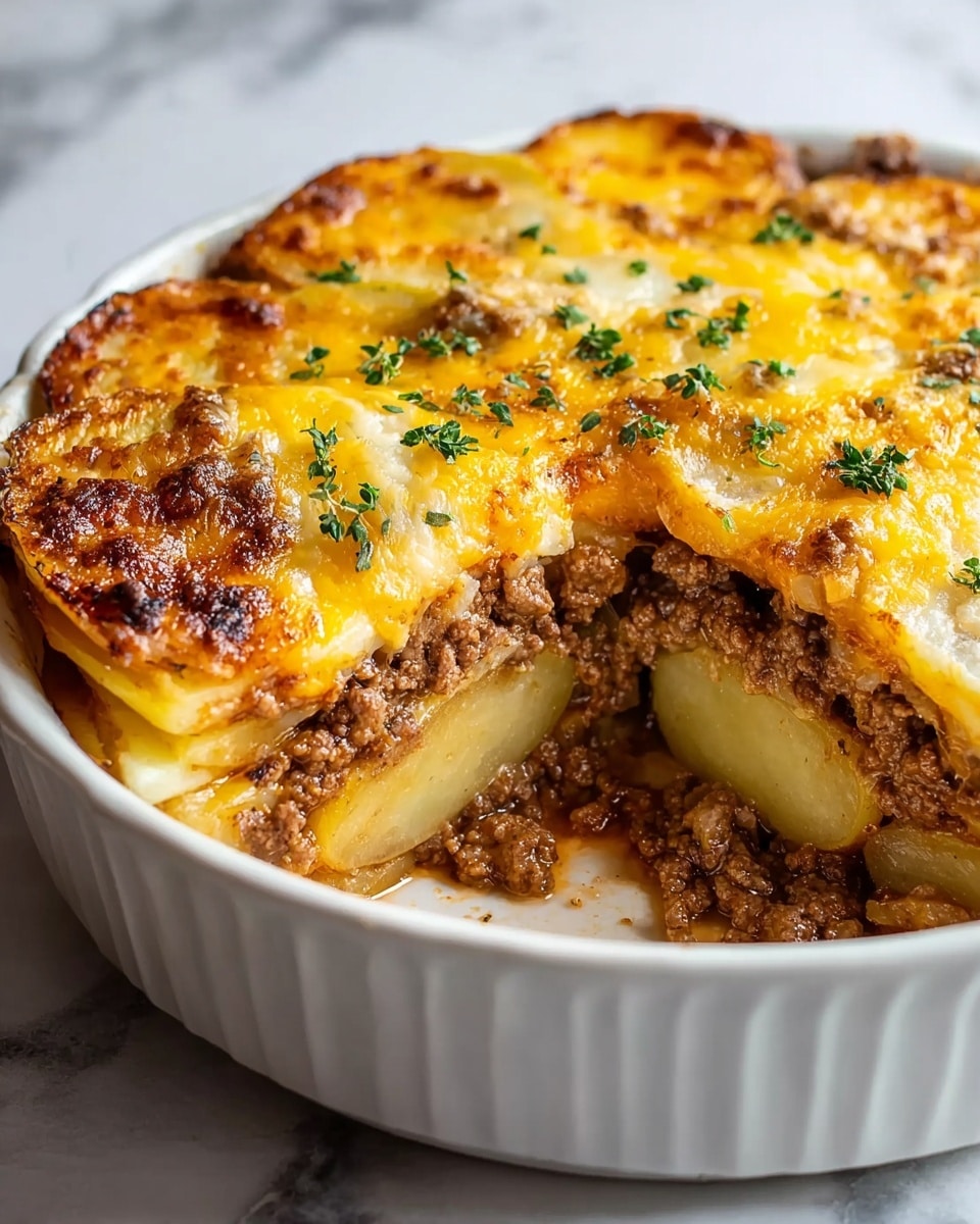 A white ceramic dish holds a layered casserole with three visible layers. The bottom layer is thick, light yellow sliced potatoes. The middle layer is cooked ground beef with a crumbly texture and a brown color. The top layer is melted cheese, golden yellow with slightly browned spots, sprinkled with small green herbs. One side is cut out, showing the layers clearly. The dish sits on a surface with a white marbled texture. photo taken with an iphone --ar 4:5 --v 7