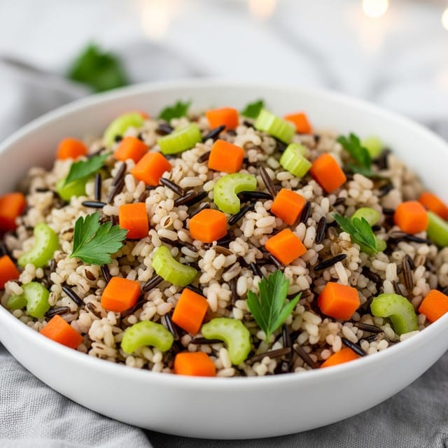 A white bowl filled with a mix of wild and white rice topped with small, bright orange carrot cubes and light green celery pieces evenly spread throughout. Small green parsley leaves are scattered over the rice, adding fresh color. The rice grains and vegetables create a textured, layered look with a close-up focus. The bowl is placed on a light gray cloth with a white marbled surface in the background, softly lit with warm, blurred lights. Photo taken with an iphone --ar 4:5 --v 7