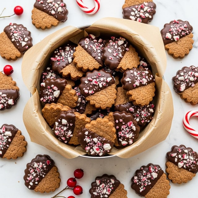 A round red tin lined with crinkled parchment holds several triangle-shaped chocolate cookies. Each cookie has a dark chocolate coating on one corner, topped with small white and red candy pieces that look like crushed peppermint. Around the tin on a white marbled surface, there are more cookies, some whole and others with the chocolate side up, along with a red and white candy cane and some red berry decorations. The cookies have a slightly rough texture and jagged edges. Photo taken with an iphone --ar 4:5 --v 7