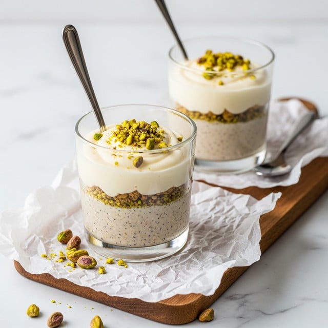 Two clear glass cups each have two layers, with the bottom layer being a thick, beige, speckled mixture that fills about three-quarters of the cup, topped by a smooth, creamy white layer making up the rest. The top white layer is sprinkled with small green and brown chopped nuts. Each cup has a silver spoon inside. The glasses sit on crumpled white paper on top of a wooden board, all placed on a white marbled surface. Photo taken with an iphone --ar 4:5 --v 7