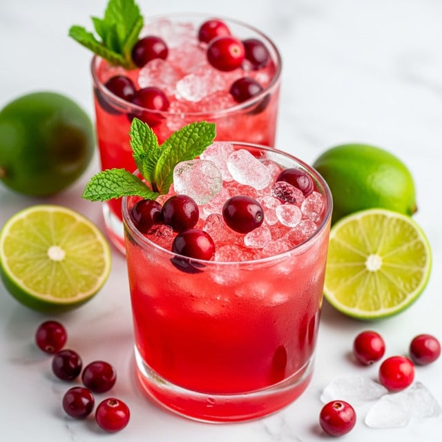 A close-up of two clear glasses filled with a bright red drink, topped with crushed ice and floating red cranberries. Each glass is garnished with a fresh green mint sprig at the top. Around the glasses, there are several halved lime slices resting on a white marbled surface, adding a fresh green contrast, along with more scattered cranberries. The drink looks cold and refreshing with the light catching the ice and cranberries. photo taken with an iphone --ar 4:5 --v 7