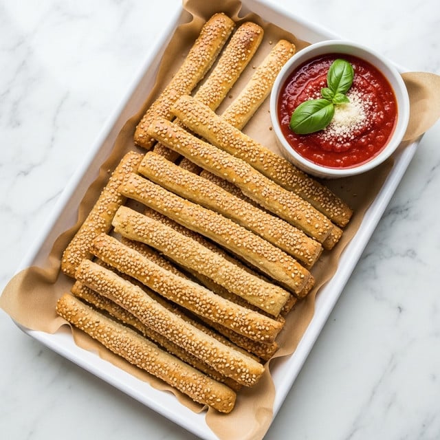 The image shows a white rectangular tray lined with light brown parchment paper, filled with many long, thin, golden-brown breadsticks sprinkled with sesame seeds. In the top right corner of the tray, there is a small white bowl filled with bright red marinara sauce, topped with a few fresh green basil leaves and a small sprinkle of white grated cheese. The tray is placed on a white marbled surface. photo taken with an iphone --ar 4:5 --v 7