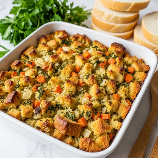 A close-up view of a baked dish in a white square casserole, showing one thick layer of golden brown bread pieces mixed with small diced orange carrots, finely chopped green herbs, and bits of white onions, all held together by a moist texture, with some crispy browned edges on top. The casserole is placed on a white marbled surface near a bunch of green parsley and a stack of round white bread slices on the right. Two wooden utensils lie nearby. photo taken with an iphone --ar 4:5 --v 7