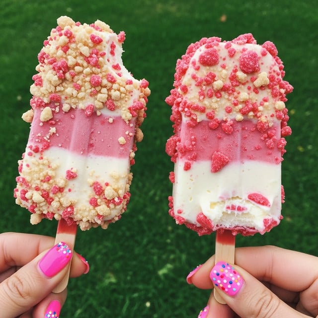 Two ice cream bars held by a woman's hand and another person's fingers with green grass background. Both bars are rectangular with a wooden stick at the bottom for holding. The ice cream has three layers: a creamy white ice cream layer inside, covered by a crumbly textured coating with pink, red, and beige crumbs all around the surface. One ice cream bar shows a small bite taken from the bottom right corner, revealing the white creamy inside and a bit of melted ice cream. The woman's hand holding one bar has bright pink nails with white and colorful sprinkles painted on them. photo taken with an iphone --ar 4:5 --v 7