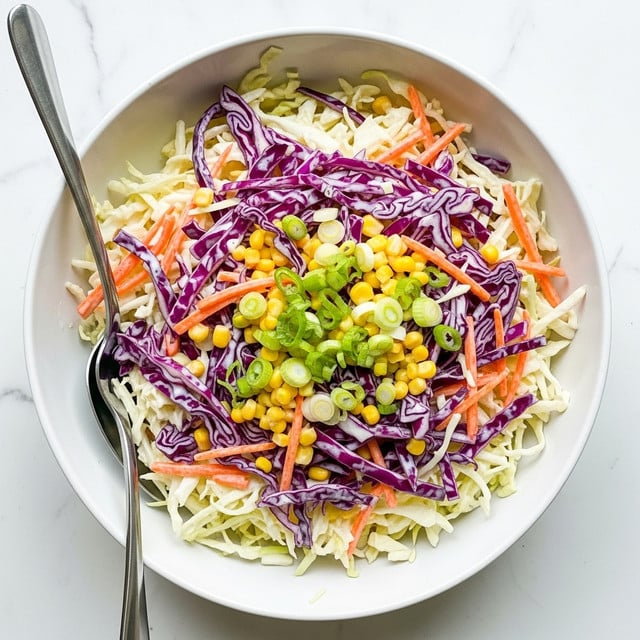 A white bowl filled with a colorful coleslaw salad sits on a white marbled surface. The salad layers include shredded white cabbage at the base, thin strips of bright orange carrot and deep purple cabbage scattered throughout, with small pieces of yellow corn and green sliced scallions on top. The coleslaw is coated with a creamy white dressing that lightly covers the vegetables, giving a fresh and crunchy look. Two silver serving spoons rest inside the bowl, ready to scoop the salad. photo taken with an iphone --ar 4:5 --v 7