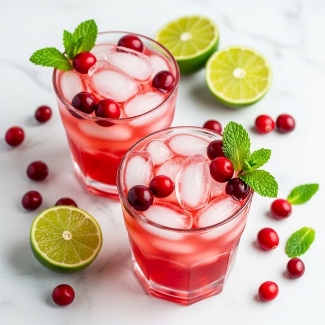 The image shows two clear glasses filled with a bright red drink layered with plenty of ice cubes on top, making the surface look uneven and chilled. Floating on the ice are small red cranberries and a fresh green mint sprig placed near the edge of each glass. Around the glasses are scattered whole cranberries and halved green limes showing their juicy interior. The background and surface are a white marbled texture that highlights the vibrant colors of the drink and garnishes. Photo taken with an iphone --ar 4:5 --v 7