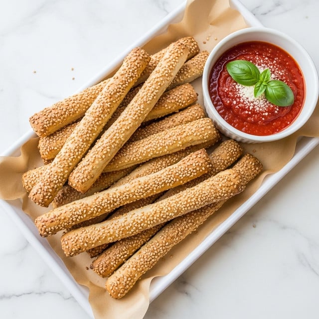 A white rectangular tray lined with parchment paper holds many thin, long, golden-brown breadsticks scattered in layers, with some showing light sesame seed specks; on the top right corner of the tray, there is a small white bowl filled with bright red tomato dipping sauce, garnished with small green basil leaves and a sprinkle of white cheese, all placed on a white marbled surface. photo taken with an iphone --ar 4:5 --v 7
