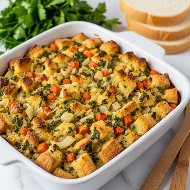 This image shows a white baking dish filled with a golden-brown baked stuffing mixture. The stuffing has several layers visible on the surface: chunks of toasted bread with a crispy texture, mixed with finely chopped bright orange carrots and green herbs, likely parsley. There are small pieces of cooked onions scattered throughout, giving a light translucent layer. The dish looks moist with a slightly crunchy top, and bits of browned bread add varied texture. The baking dish handle is visible on the top left, and the background is a white marbled surface with wooden utensils and a basket with bread slices nearby. photo taken with an iphone --ar 4:5 --v 7