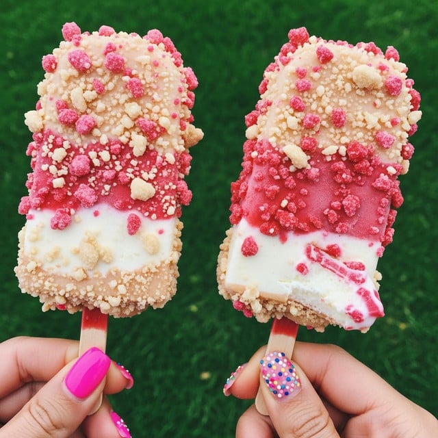 Two rectangular ice cream bars are held by two different people, one with a woman's hand featuring pink nails with white and blue sprinkles design, and the other with a plain hand. Each ice cream bar has a crumbly topping in light beige and red colors covering the entire surface, with some crumbs falling off. The bitten part of the lower bar shows white creamy ice cream with a layer of reddish coating beneath the crumbs. The background is a blurred green grass texture. photo taken with an iphone --ar 4:5 --v 7