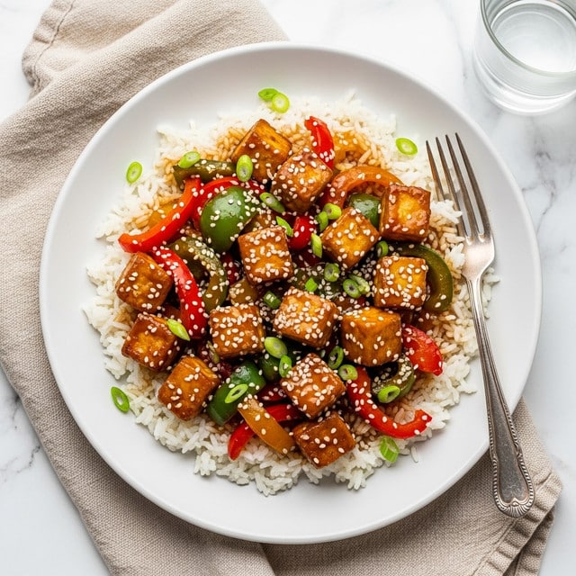 A white plate filled with a base layer of fluffy white rice, topped with a colorful mix of glazed golden-brown tofu cubes, bright red and green bell pepper pieces, and scattered chopped green onions. The tofu and vegetables are covered in a shiny, thick, amber-colored sauce, sprinkled with white sesame seeds. The plate rests on a beige textured cloth on a white marbled surface, with a silver fork placed on the right side of the plate and a glass of water nearby. Photo taken with an iphone --ar 4:5 --v 7
