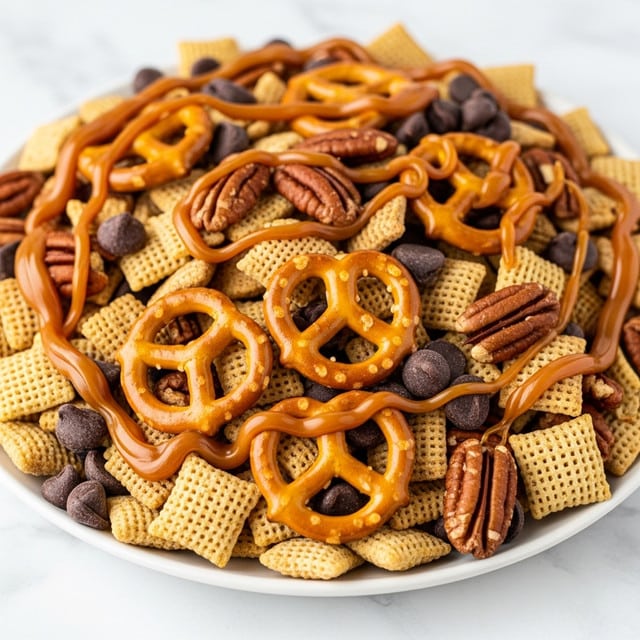 The image shows a close-up of a white plate filled with a snack mix. The mix has three main layers: a base layer with small square cereal pieces in light yellow and brown colors, scattered evenly. On top of that, there are pecans with a glossy texture, pretzels with a shiny, smooth surface shaped like knots, and round dark chocolate chips adding dark spots. Covering parts of the mix is a thick, sticky caramel sauce in a rich golden-brown color, dripping smoothly over the pieces. The background is a white marbled surface. photo taken with an iphone --ar 4:5 --v 7