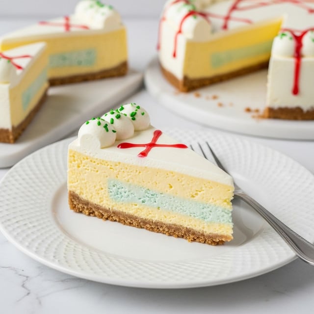 A slice of three-layer cake sits on a white plate, with a silver fork beside it. The bottom layer is a thin brown crust, followed by a thick yellow cake layer with swirls of blue and green inside. The top layer is a smooth, white icing that slightly drips down the sides. A thin red line of icing is drizzled across the top, with small green specks sprinkled over the white icing. In the background, more slices of the same cake can be seen against a white marbled surface. Photo taken with an iphone --ar 4:5 --v 7