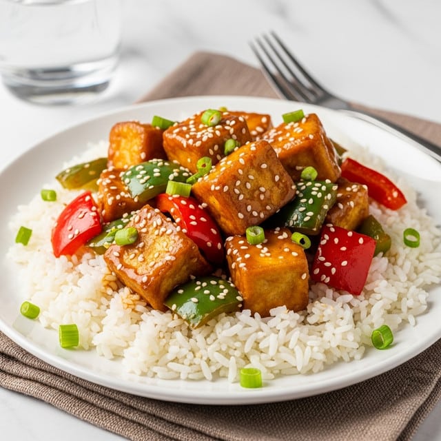 A white plate holds a bed of fluffy white rice as the base. On top, there are several cubes of golden-brown tofu coated in a shiny, thick dark orange-brown sauce. Mixed with the tofu are chunky pieces of red and green bell peppers, both glossy from the same sauce. The dish is sprinkled with small white sesame seeds and finely chopped green onions, adding contrast and freshness. The plate sits on a textured brown cloth, with a fork placed behind it, all set against a white marbled surface. In the background, a clear glass of water is slightly out of focus. Photo taken with an iphone --ar 4:5 --v 7