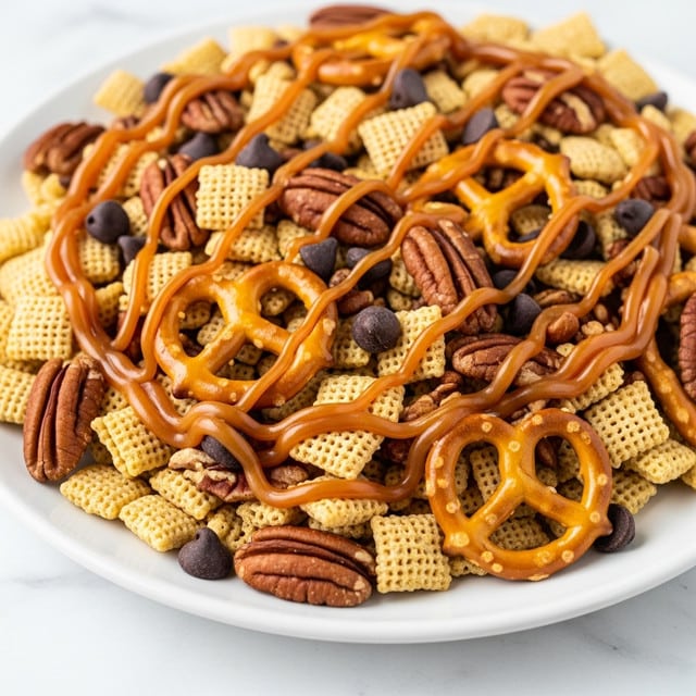 The image shows a close-up of a white plate filled with a mix of crunchy cereals in light yellow and brown shades, pretzels with a golden brown color, whole pecans, and dark chocolate chips. The toppings are layered with thick, glossy caramel spread unevenly over the mixture, creating a sticky texture. The cereals cover the whole plate surface and are mixed with whole pecans and pretzels scattered throughout. The plate sits on a white marbled surface. photo taken with an iphone --ar 4:5 --v 7