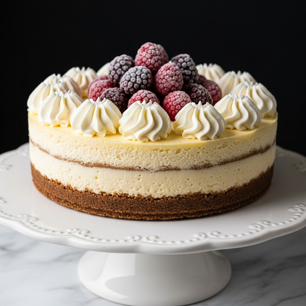 A round cheesecake with three clear layers is shown on a white patterned cake stand. The bottom layer is a thick, golden-brown crust with a crumbly texture. The middle layer is a smooth, creamy off-white cheesecake that takes up most of the height. The top layer features white whipped cream piped in swirled rosettes all around the edge, with a large pile of red and dark red berries dusted lightly with white powdered sugar in the center. The background is a dark plain color while the surface under the stand is a white marbled texture. Photo taken with an iphone --ar 4:5 --v 7