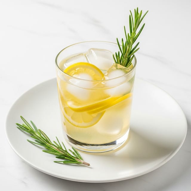 A close-up top view of a clear glass filled with transparent ice cubes, light yellow lemon slices stacked curling inside, and a dark green rosemary sprig standing upright, all resting on a white plate with some rosemary sprigs on the side, placed on a white marbled surface. photo taken with an iphone --ar 4:5 --v 7