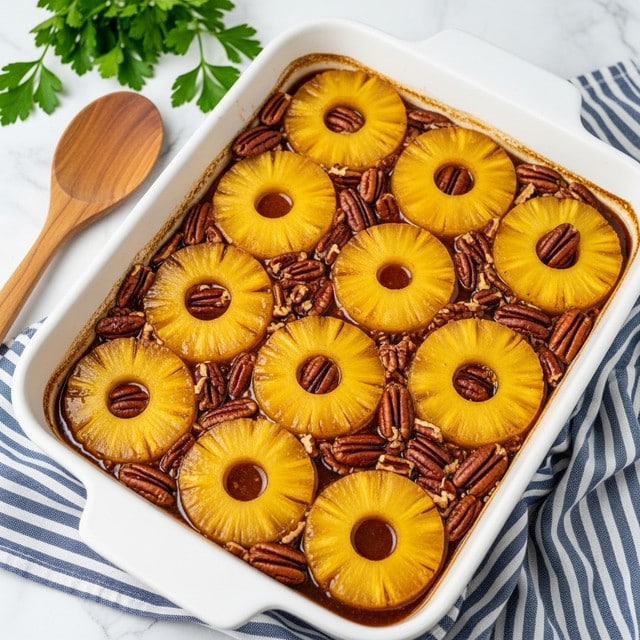 A white baking dish filled with a warm cooked pineapple dessert that has large, golden yellow pineapple chunks spread evenly across the top, mixed with whole and chopped pecans that are dark brown and glossy. The dish has a sticky, syrupy brown sauce that pools slightly around the pineapple pieces, with some caramelized edges visible on the sides of the dish. The background includes a white marbled surface with fresh green parsley leaves, a wooden spoon, and a blue and white striped cloth partially under the dish. photo taken with an iphone --ar 4:5 --v 7