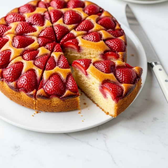 A round strawberry cake with one slice cut and slightly pulled out, showing a golden brown crust and a moist, creamy layer inside; the top is covered with bright red, glossy strawberry halves evenly spread and embedded in a shiny glaze. The cake sits on a white plate with a knife next to it on a white marbled surface. Photo taken with an iphone --ar 4:5 --v 7