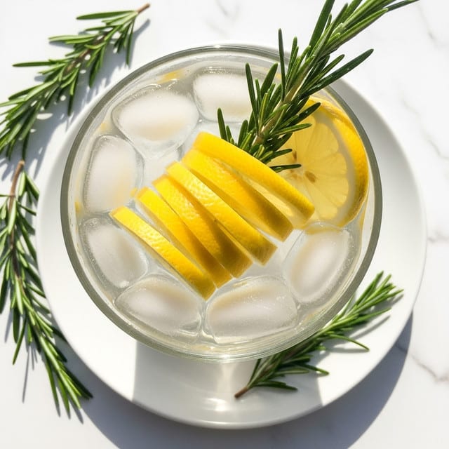 A clear glass filled with large ice cubes holds a light yellow liquid with thin lemon slices layered inside, curling gently around the ice. A green sprig of rosemary stands upright on the right side, adding a fresh touch. The glass sits in the middle of a white plate, on which two extra rosemary sprigs rest on the white marbled surface beneath. The overall look is fresh and cool with a bright, clean feel. Photo taken with an iphone --ar 4:5 --v 7