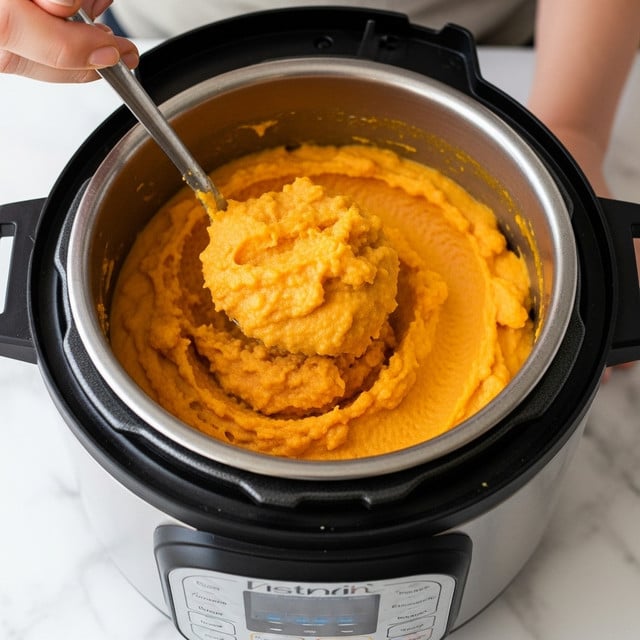 A black electric cooker with a shiny silver inner pot filled with smooth, thick orange mash. A woman's hand is holding a metal ladle scooping up the mash, which shows a creamy and slightly textured surface. The background is a white marbled texture. photo taken with an iphone --ar 4:5 --v 7