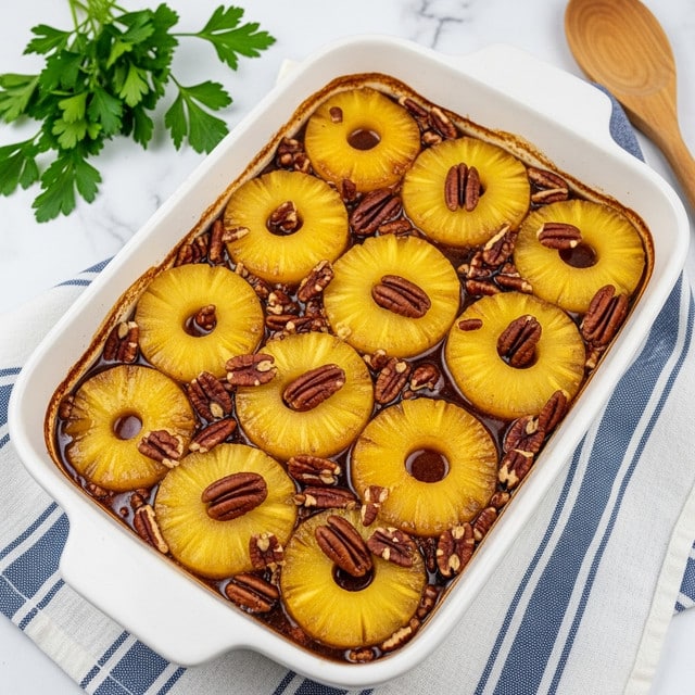 A white baking dish filled with a cooked dessert made of golden-yellow pineapple chunks covered in a sticky brown syrup. Scattered among the pineapple pieces are dark brown pecan halves adding texture. The edges of the dish show caramelized brown residue from the syrup. The dish sits on a white marbled surface partially covered by a blue and white striped cloth, with fresh green parsley leaves visible at the top edge and a wooden spoon resting nearby. photo taken with an iphone --ar 4:5 --v 7