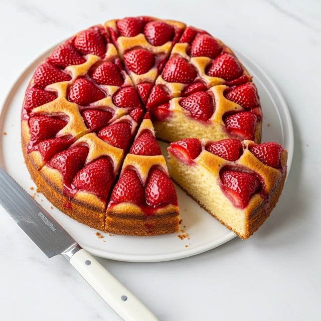 A round cake with a golden-brown top layer embedded with bright red strawberries, cut into six slices with one slice slightly pulled out showing a light, soft, creamy yellow interior. The strawberries look glossy and shiny, covered in a thin glaze that reflects light. The cake rests on a white plate on a white marbled surface. A white-handled knife with a shiny silver blade lies beside the plate. photo taken with an iphone --ar 4:5 --v 7