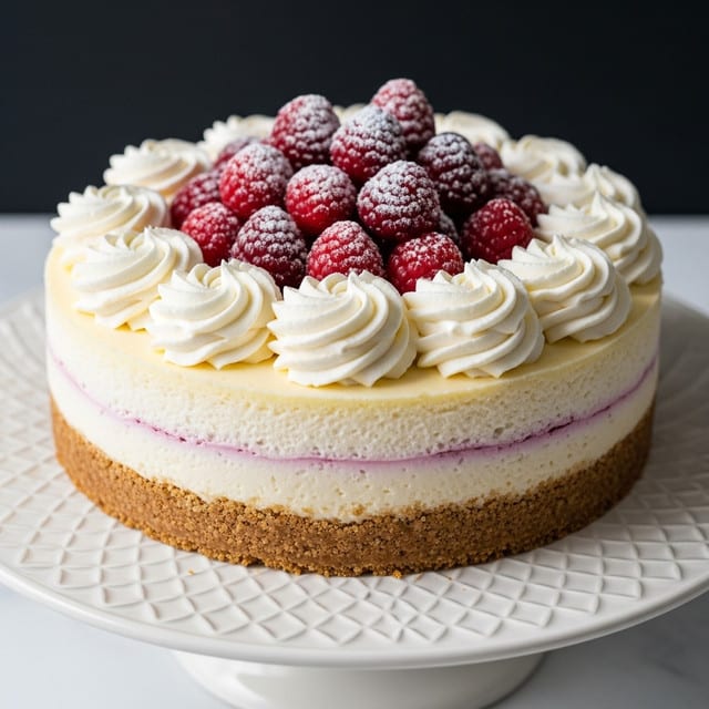 A three-layer cheesecake sits on a white cake stand with decorative edges over a white marbled surface. The bottom layer is a thick, crumbly brown crust, the middle layer is a smooth, creamy pale yellow cheesecake, and the top layer is a thin white cream. Around the edge of the top layer are evenly spaced swirls of white whipped cream. In the center is a pile of frosted red and dark purple berries coated with a light dusting of sugar. The background is black, making the cake colors stand out. photo taken with an iphone --ar 4:5 --v 7