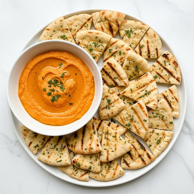 A white bowl filled with bright orange, smooth dip with small green herbs sprinkled on top is placed within a white plate filled with many thin, triangular golden pita chips. The pita chips have toasted grill marks that are dark brown and black, scattered unevenly across each chip, and some chips are sprinkled with dried green herbs. The chips are layered loosely in a slightly messy pile around the bowl. The plate sits on a white marbled surface. photo taken with an iphone --ar 4:5 --v 7