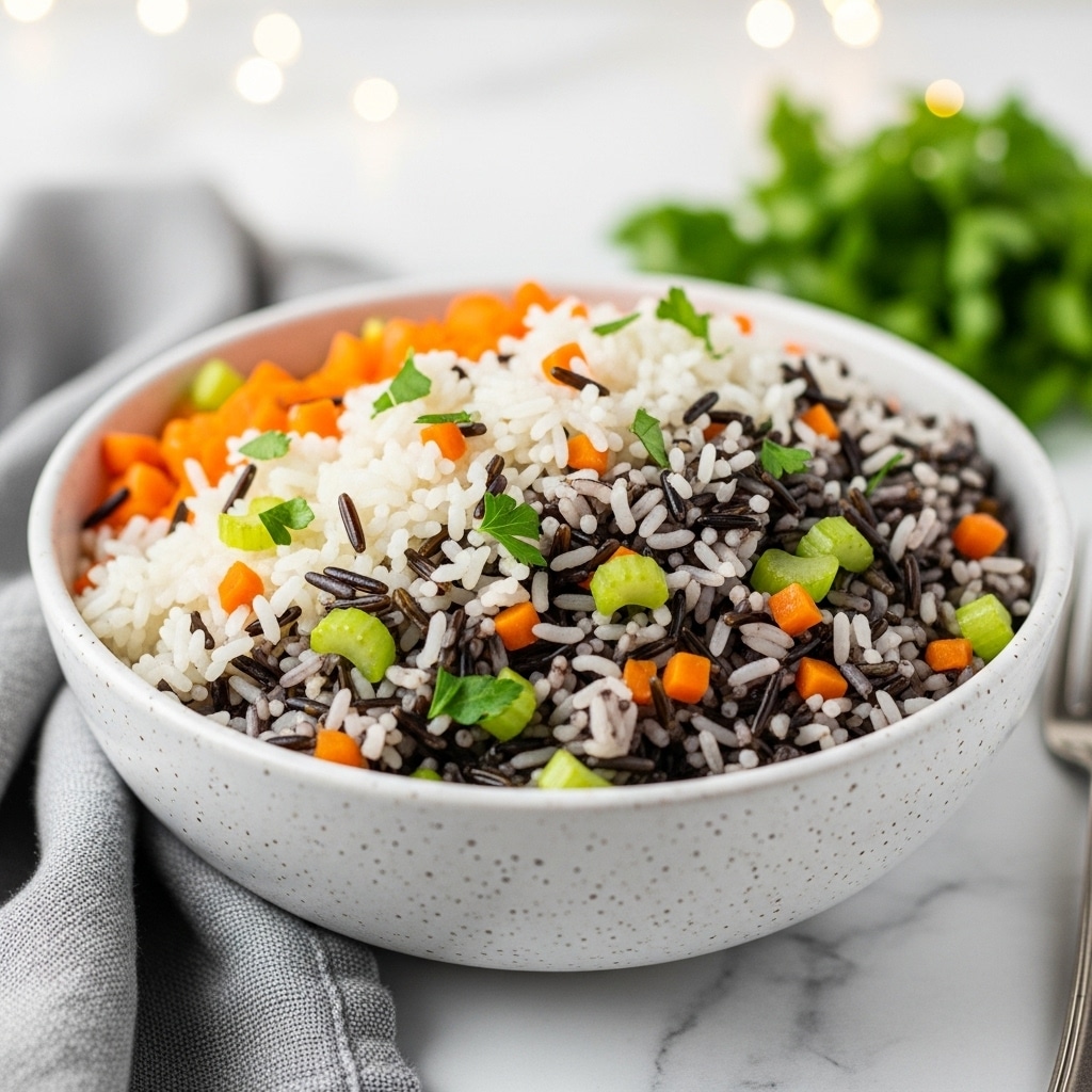 A bowl filled with a mixed rice dish showing two main layers: white rice and dark wild rice, both mixed evenly throughout, with small diced orange carrots and light green celery scattered inside. There are also small green parsley leaves sprinkled on top, adding fresh color. The bowl is white speckled ceramic and sits on a white marbled surface with a gray cloth nearby and a small bunch of parsley to the side. The background is softly blurred white with warm lights out of focus. photo taken with an iphone --ar 4:5 --v 7