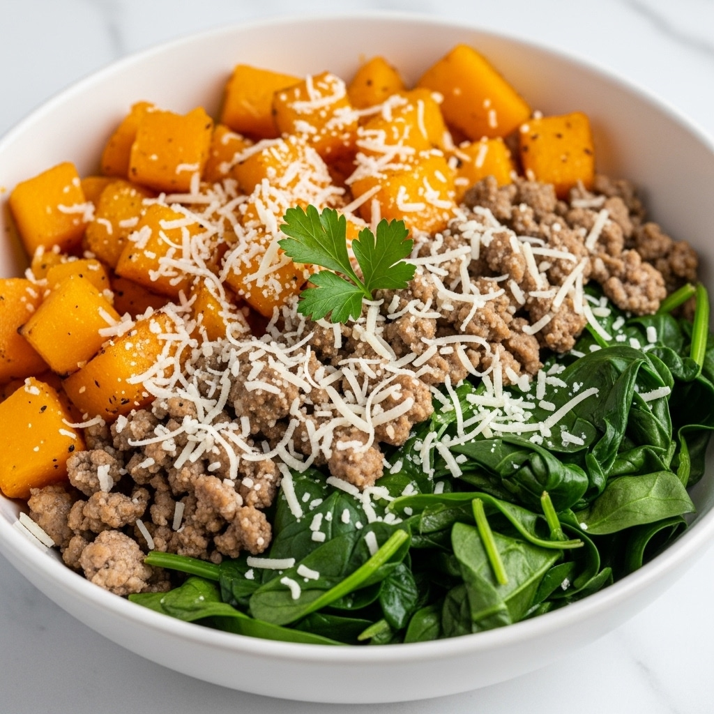 A close-up view of a white bowl filled with a mixed dish showing three main layers: bright orange roasted pumpkin chunks cut in medium cubes forming the top and middle parts, cooked ground meat in small crumbly pieces scattered evenly through the pumpkin, and dark green sautéed spinach leaves placed between the layers. The dish is sprinkled generously with grated white cheese finely shredded across the top, and a small sprig of fresh parsley is positioned in the center as garnish. The bowl rests on a white marbled surface. photo taken with an iphone --ar 4:5 --v 7