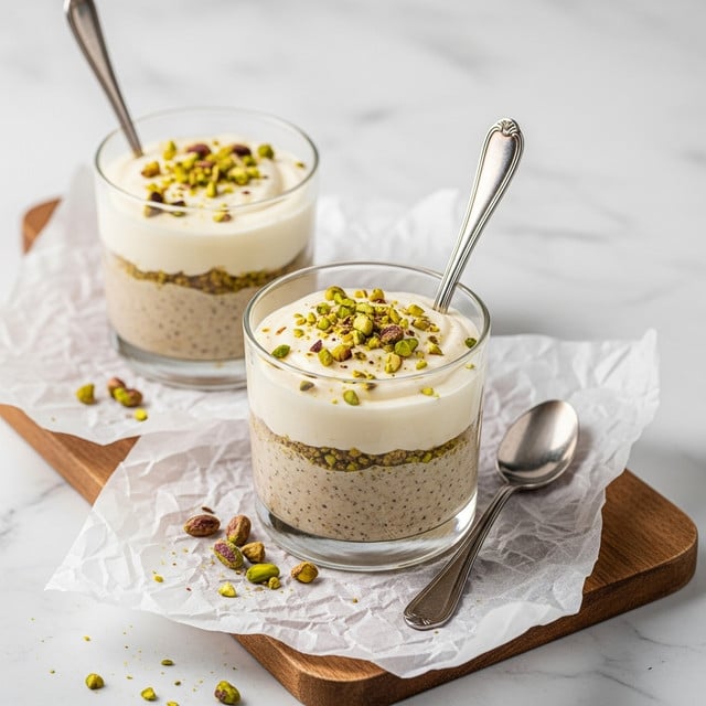 Two clear glass cups each hold a two-layer dessert, placed on crinkled white paper over a wooden board on a white marbled surface. The bottom layer is thick and beige with tiny black specks. The top layer is smooth, creamy, and off-white, topped with small pieces of chopped pistachio nuts scattered evenly. Each cup has a silver spoon sticking out. Some pistachio pieces are also scattered on the paper around the front cup. Photo taken with an iphone --ar 4:5 --v 7