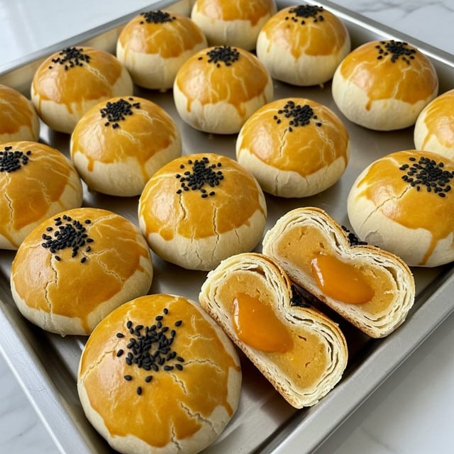 The image shows a silver tray filled with round golden-brown pastries, each topped with a small cluster of black sesame seeds. The pastries have a smooth, slightly shiny crust with a few cracks. Two pastries are cut open, revealing a thick, creamy, bright orange filling inside with a flaky, light-colored crust that shows multiple thin layers. The tray sits on a white marbled surface. photo taken with an iphone --ar 4:5 --v 7