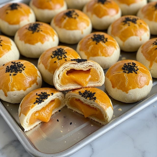 This image shows a group of round golden brown pastries with a smooth shiny top, each topped with a small cluster of black sesame seeds. The pastries are flaky with visible layers of light, crispy crust. Two of the pastries are cut open to reveal a thick, creamy orange filling inside with a smooth texture. They are all placed closely together on a shiny silver tray with delicate floral engraving, lying on a white marbled surface. photo taken with an iphone --ar 4:5 --v 7