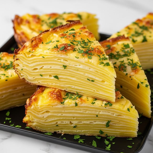 This image shows several triangular slices of a layered potato dish stacked on a black tray, placed on a white marbled surface. Each slice has about ten visible thin layers of pale yellow potato, cooked evenly with a golden-brown crispy top. The top layer is sprinkled with finely chopped green herbs for color contrast and some browned cheese bits that add texture. The edges of the slices have a slightly crunchy look, giving a mix of soft and crisp elements in the dish. The lighting highlights the delicate layers and the glossy, slightly oily surface of the potatoes. photo taken with an iphone --ar 4:5 --v 7