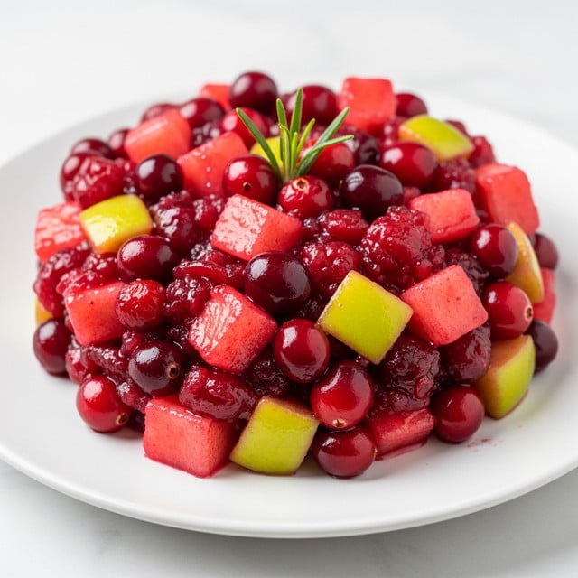 A close-up of a round pile of bright red cranberry sauce mixed with small green and red apple chunks and whole cranberries on a white plate, topped with a small sprig of green rosemary, sitting on a white marbled surface. The sauce looks glossy and thick, with the apple pieces and cranberries peeking through the sauce giving it a textured look. photo taken with an iphone --ar 4:5 --v 7