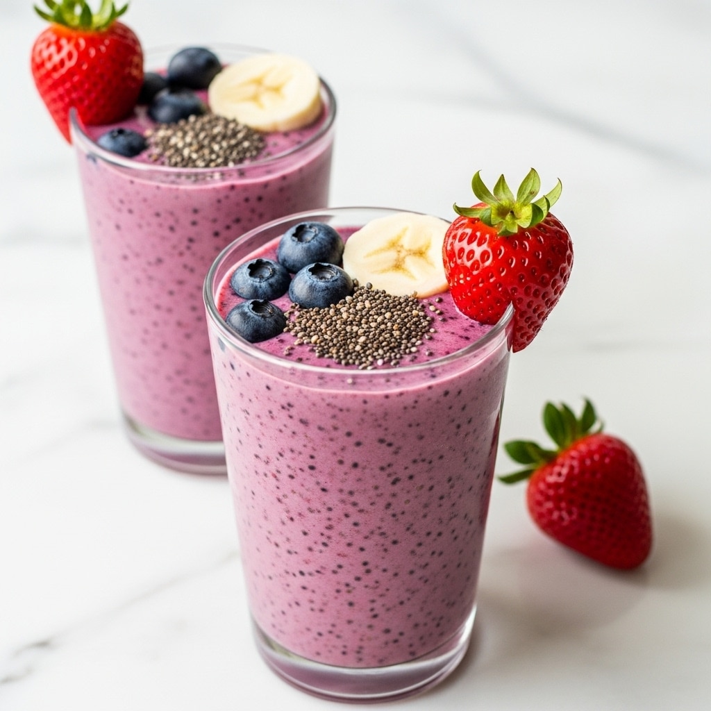 Two tall clear glasses filled with a thick pink smoothie speckled with dark purple bits, almost to the top. Each glass is topped with a small pile of black chia seeds in the center, surrounded by fresh blueberries, a sliced banana piece, and a whole bright red strawberry with green leaves perched on the rim. The glasses sit on a white marbled surface, with one extra strawberry lying nearby. The lighting highlights the smooth, creamy texture of the smoothie and the fresh shine of the fruit. photo taken with an iphone --ar 4:5 --v 7