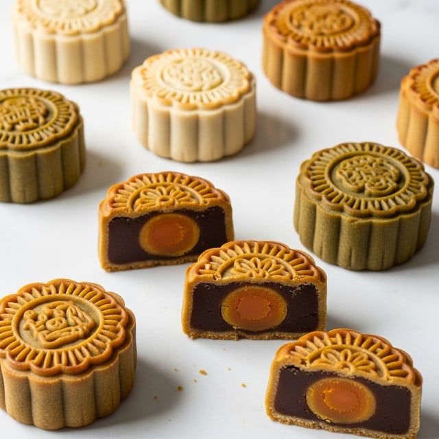 The image shows several round mooncakes placed on a white marbled surface, with a mix of light beige and greenish-brown mooncakes, each featuring detailed floral or animal patterns stamped on top. Two mooncakes are cut in half, revealing three inner layers: a golden-orange yolk center, surrounded by a thick dark brown paste filling, and then encased in the outer mooncake crust that matches the outer color—either beige or greenish-brown. The texture of the crust looks soft and slightly crumbly. The mooncakes are scattered casually across the surface with some crumbs nearby, showing a natural, homemade feel. photo taken with an iphone --ar 4:5 --v 7