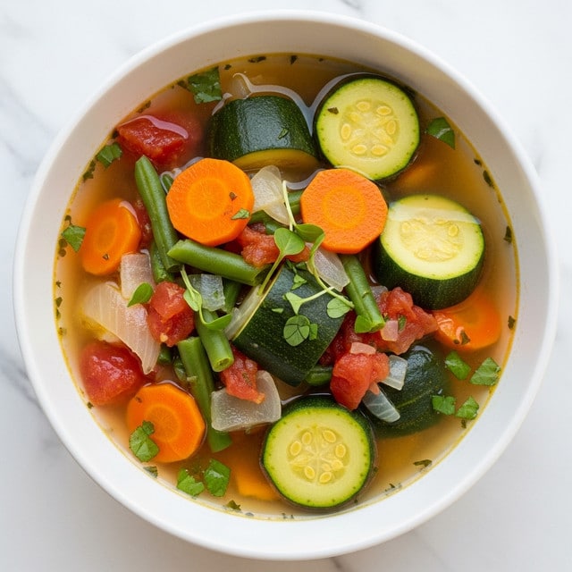 A close-up view of a white bowl filled with vegetable soup placed on a white marbled surface. The soup has a clear, light brown broth with visible layers of colorful vegetables including bright orange carrot slices, green beans, dark green zucchini pieces, red tomato chunks, and translucent onion pieces. Small green herb leaves float on the surface, adding texture and freshness. The vegetables vary in size and shape, creating a vibrant mix of colors and textures within the bowl. photo taken with an iphone --ar 4:5 --v 7