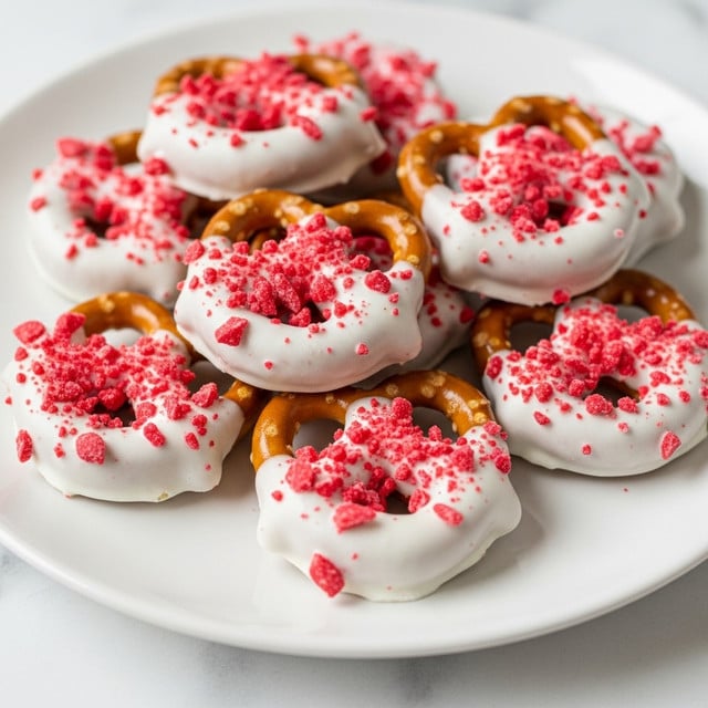 A white plate holds a pile of small pretzels each partially covered with a thick layer of glossy white coating that looks like icing. On top of this white layer, there are bright red crushed sprinkles, giving a festive look. The pretzels are golden brown and the coating is uneven, letting parts of the pretzels show through. The plate is placed on a white marbled surface, and the image has a soft, natural light that highlights the shiny texture of the coating and sprinkles. photo taken with an iphone --ar 4:5 --v 7