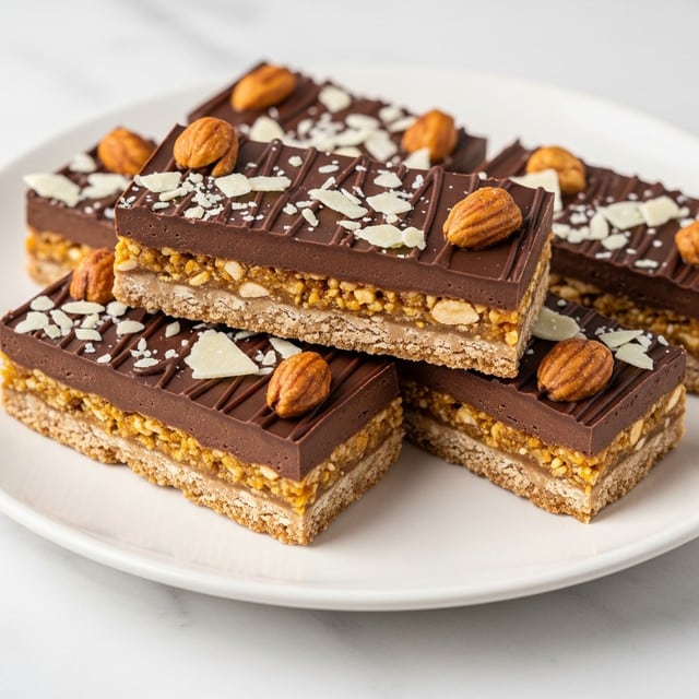 The image shows several rectangular nut bars stacked on a white plate placed on a white marbled surface. Each bar has two main layers: a bottom layer filled with light brown nuts embedded in a chewy, caramel-like base, and a top layer covered in smooth, dark chocolate. The chocolate layer is decorated with drizzled thinner lines of chocolate, whole peanuts, and scattered white flakes resembling coconut. The bars have rough, uneven edges showing the nut pieces inside, and the overall texture looks firm yet slightly glossy. photo taken with an iphone --ar 4:5 --v 7
