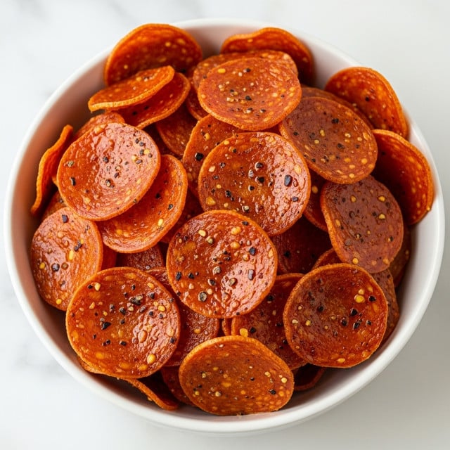 A white bowl is filled with many thin, curled slices of pepperoni, each showing a shiny, oily red surface with visible black pepper specks and seasoning flakes. The pepperoni layers pile high, overlapping and creating a textured, crispy look with light and dark red shades mixed with small bits of white fat. The bowl rests on a white marbled surface. photo taken with an iphone --ar 4:5 --v 7