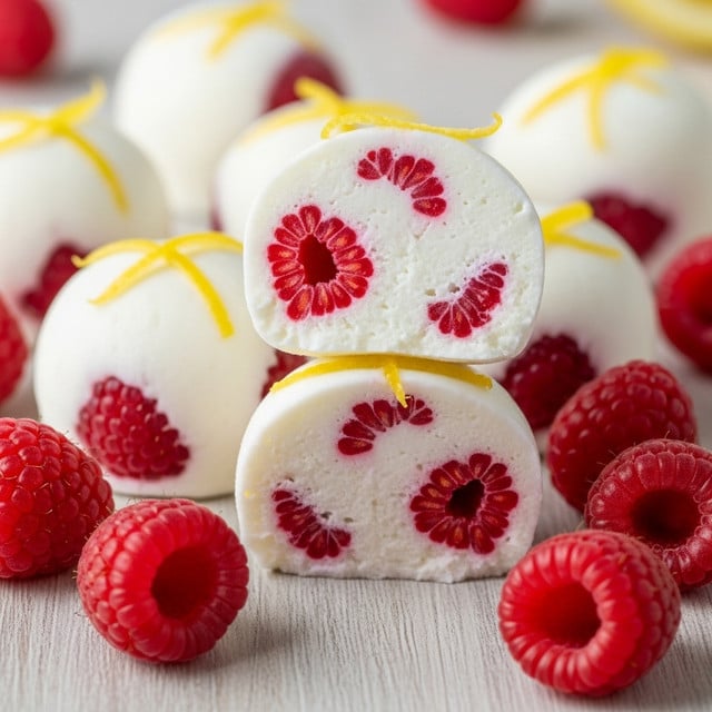 The image shows several small white frozen yogurt cups filled with whole red raspberries inside and topped with thin yellow lemon zest shreds. Each cup has a smooth, creamy white outer layer with bright red raspberries visible through the sides, creating a mix of white and red colors. The cups are stacked unevenly on a wooden surface, surrounded by loose fresh raspberries that add vibrant red contrast. One cup is cut in half, showing a cross-section of raspberries embedded inside the creamy yogurt, and the texture looks soft and velvety. Photo taken with an iphone --ar 4:5 --v 7