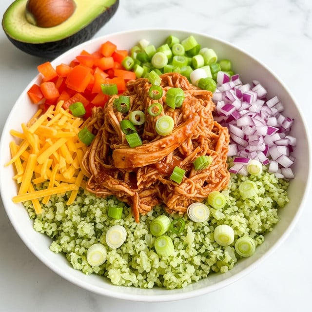 A white bowl filled with a layered meal starting at the base with light green cauliflower rice, topped with a large pile of shredded chicken coated in reddish-brown sauce in the center. Surrounding the chicken are slices of orange and red bell pepper, shredded yellow cheddar cheese, a heap of finely chopped purple onion, and chopped green onions sprinkled over the entire dish. In the background, half an avocado is shown on a white marbled texture. Photo taken with an iphone --ar 4:5 --v 7