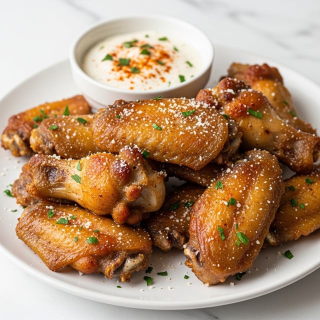 A white plate filled with a stack of crispy chicken wings that have a golden-brown color and a crunchy texture, sprinkled generously with white grated cheese and finely chopped green herbs. At the back of the plate is a small white bowl holding a creamy white dipping sauce topped with some spices and herb bits. The whole scene rests on a white marbled surface. photo taken with an iphone --ar 4:5 --v 7