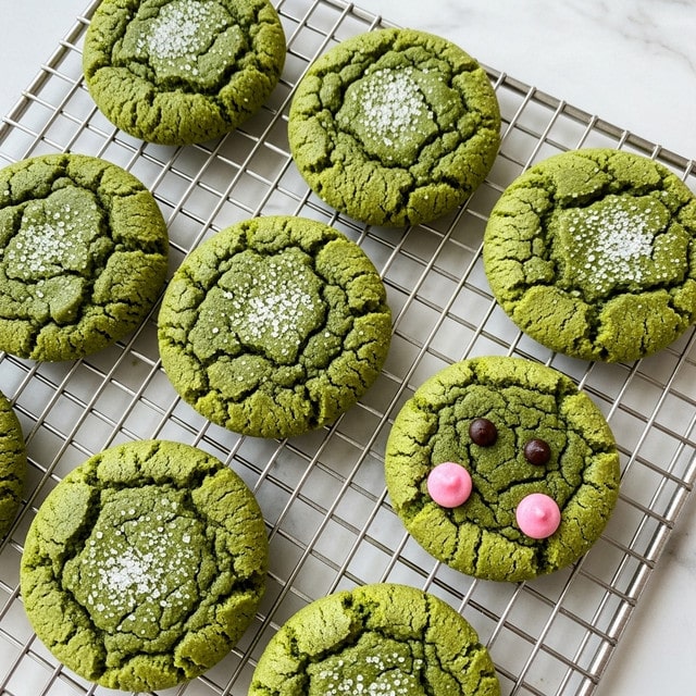 The image shows seven green cookies on a metal cooling rack placed on a white marbled surface. Each cookie is round with a cracked, soft texture and a light sprinkling of sugar crystals that add a sparkle on top. Six cookies are plain with smooth rounded edges and a slightly uneven surface. One cookie has two small dark brown dots and two small pink dollops of frosting near its edge, resembling eyes and a nose. The cookies have shades of light to medium green suggesting a matcha or similar flavor. photo taken with an iphone --ar 4:5 --v 7