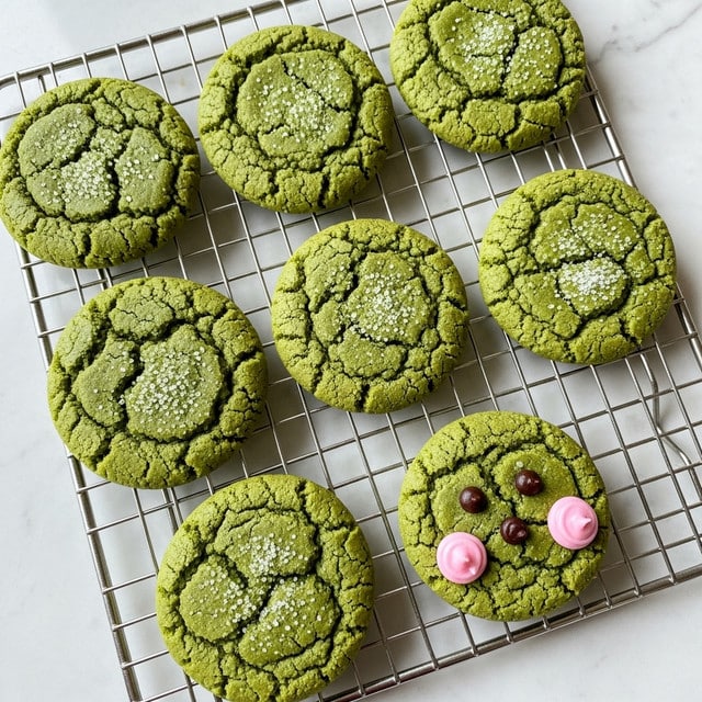 The image shows seven green cookies with a cracked surface arranged on a metal cooling rack over a wooden surface. The cookies have a coarse sugar coating that gives them a sparkly look. One cookie in the upper right corner is decorated with small pink and brown dollops on top. The cookies are round and slightly puffed, with a soft texture visible from the cracks. photo taken with an iphone --ar 4:5 --v 7